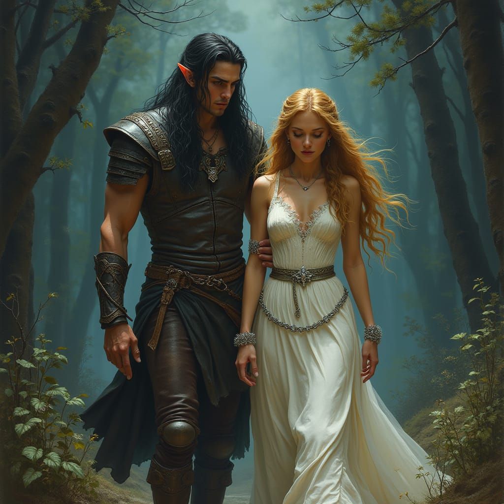 Elf Leads Maiden Through Misty Forest