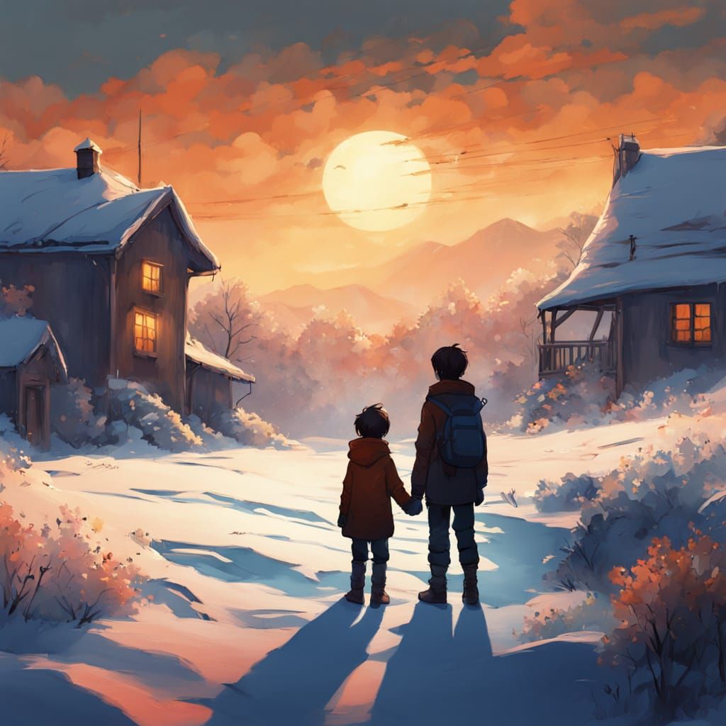 Silhouetted Lovers in Snowy Landscape, Digital Painting