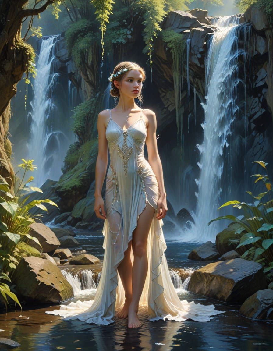 Ethereal Elven Princess in Watery Gown Amidst Waterfalls