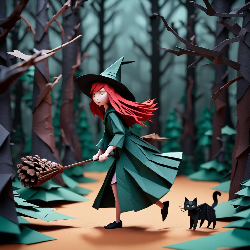 Enchanted Forest Witch with Cat in Origami Style