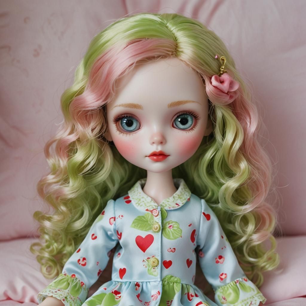 Porcelain Doll with Green Hair and Teddy Bear