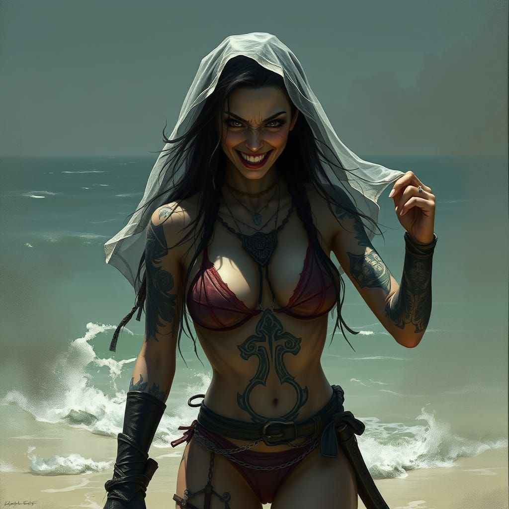 Furious Bride with Katana in Dark Gothic Style