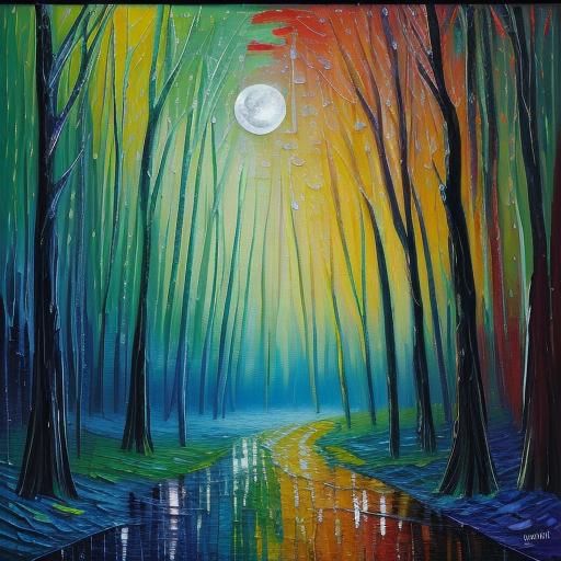 Moonlit Forest in Neo-Impressionist Oil Painting