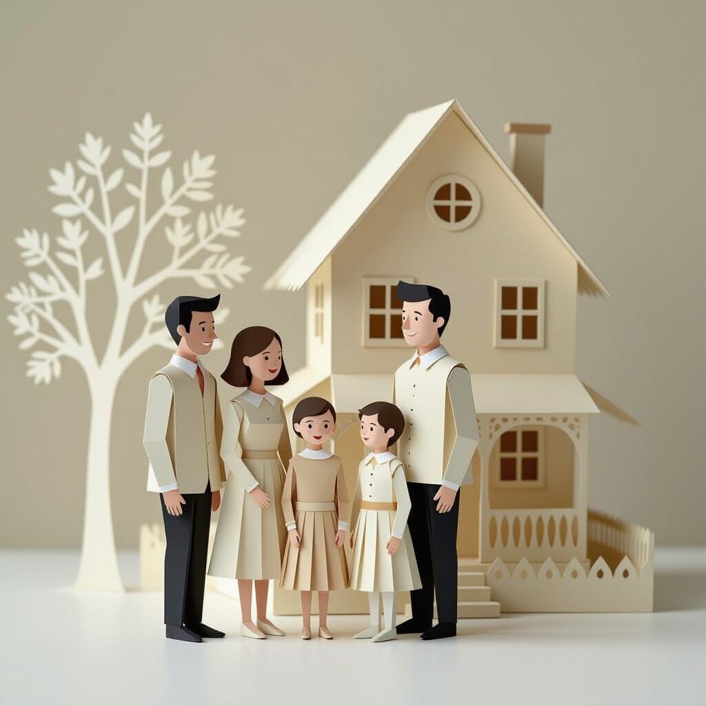 Paper Family in Front of Paper House, Papercut Style