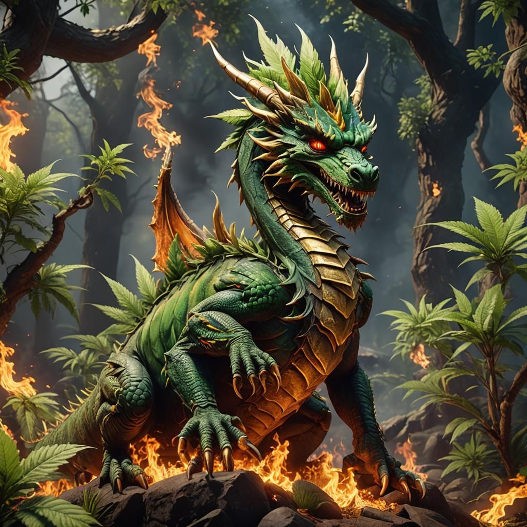 Marijuana Fire Dragon in 3D Cinematic Style
