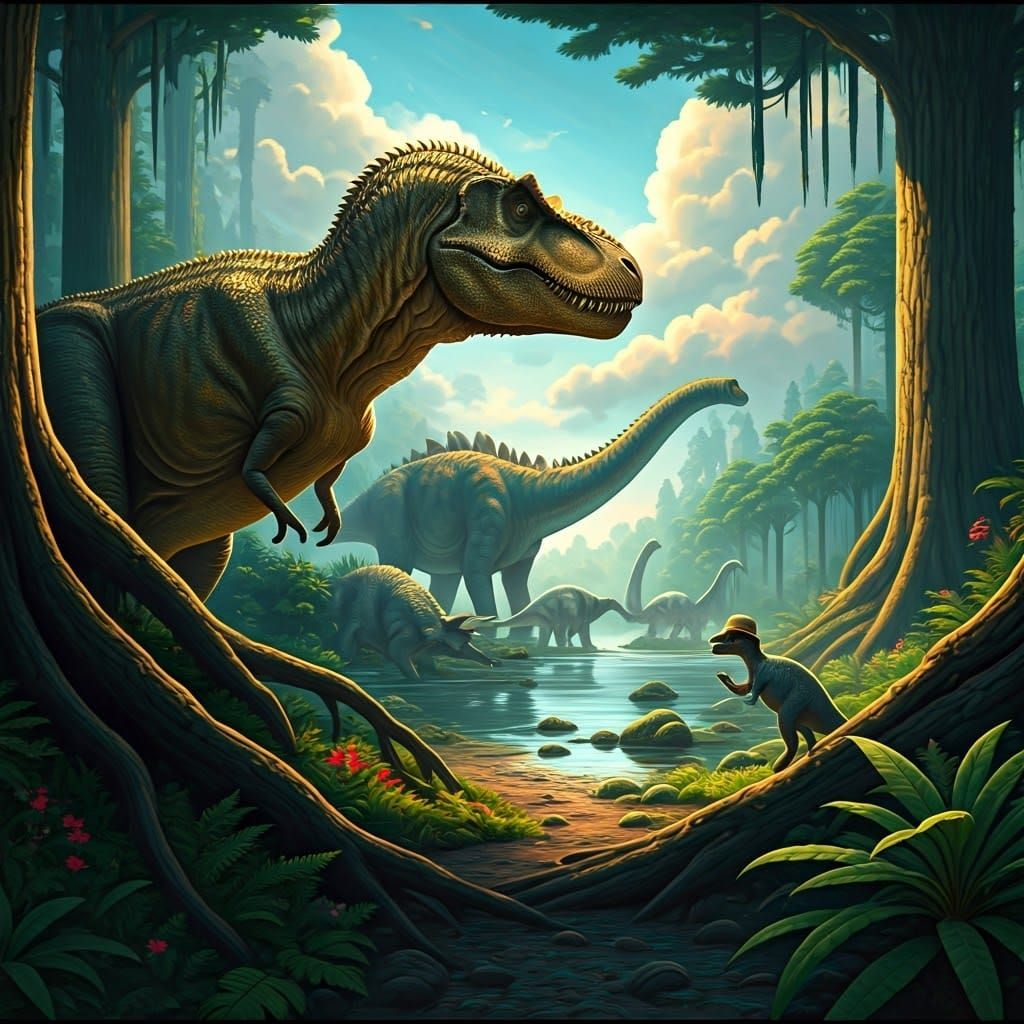 A Majestic T-Rex Rules a Vibrant Prehistoric Jungle Scene