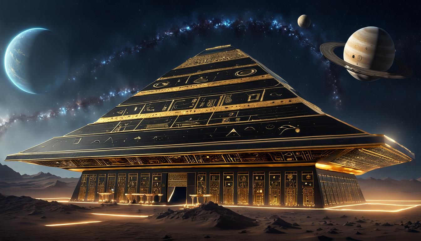Egyptian Space Station Orbiting Saturn in Fantasy Concept Ar...