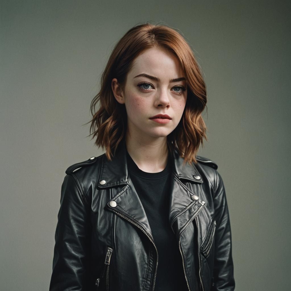 Emma Stone Portrait in Leather Jacket, Realistic Style