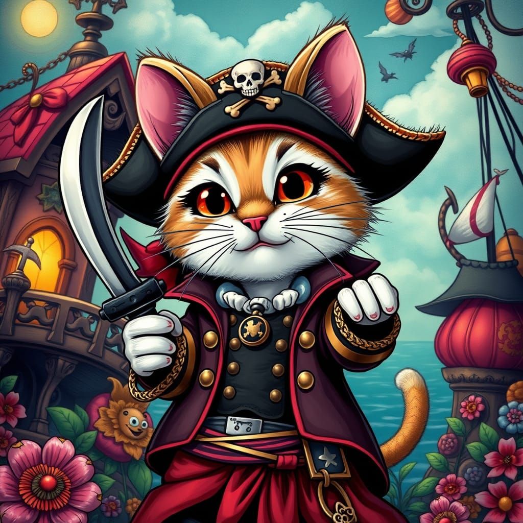 Cartoon Kitty Mouse Pirate in Surrealist Anime Style