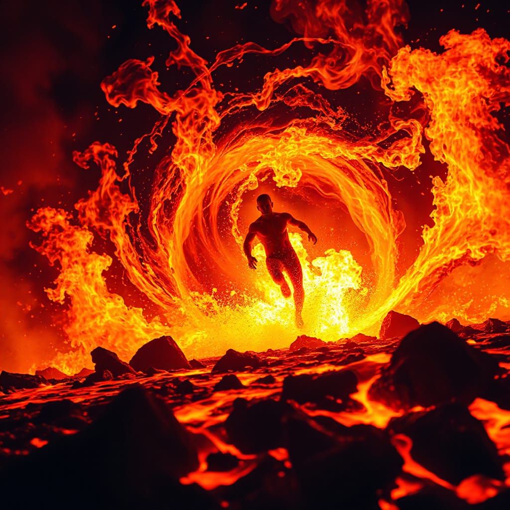 Fiery Entity Blasts Through Inferno in Cinematic Hyper-Reali...