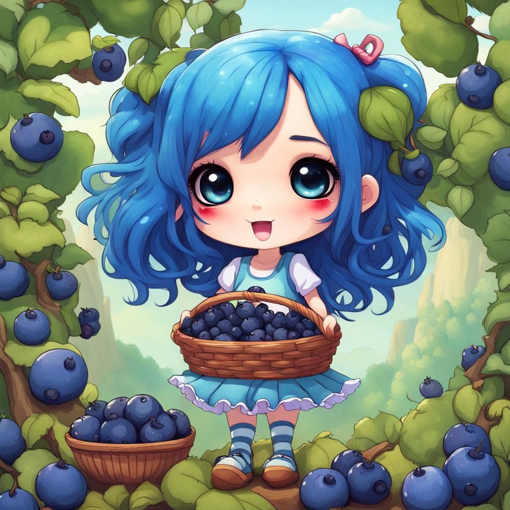 Chibi Girl in Blueberry Land, Gouache Watercolor