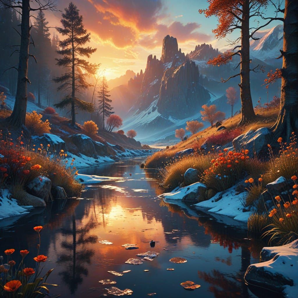 Fantastical Winterscape Sunset with Vibrant Color Palette an...
