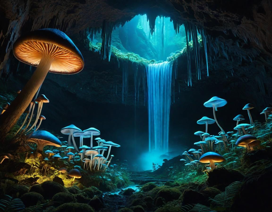 Bioluminescent Mushroom Forest in Subterranean Cave