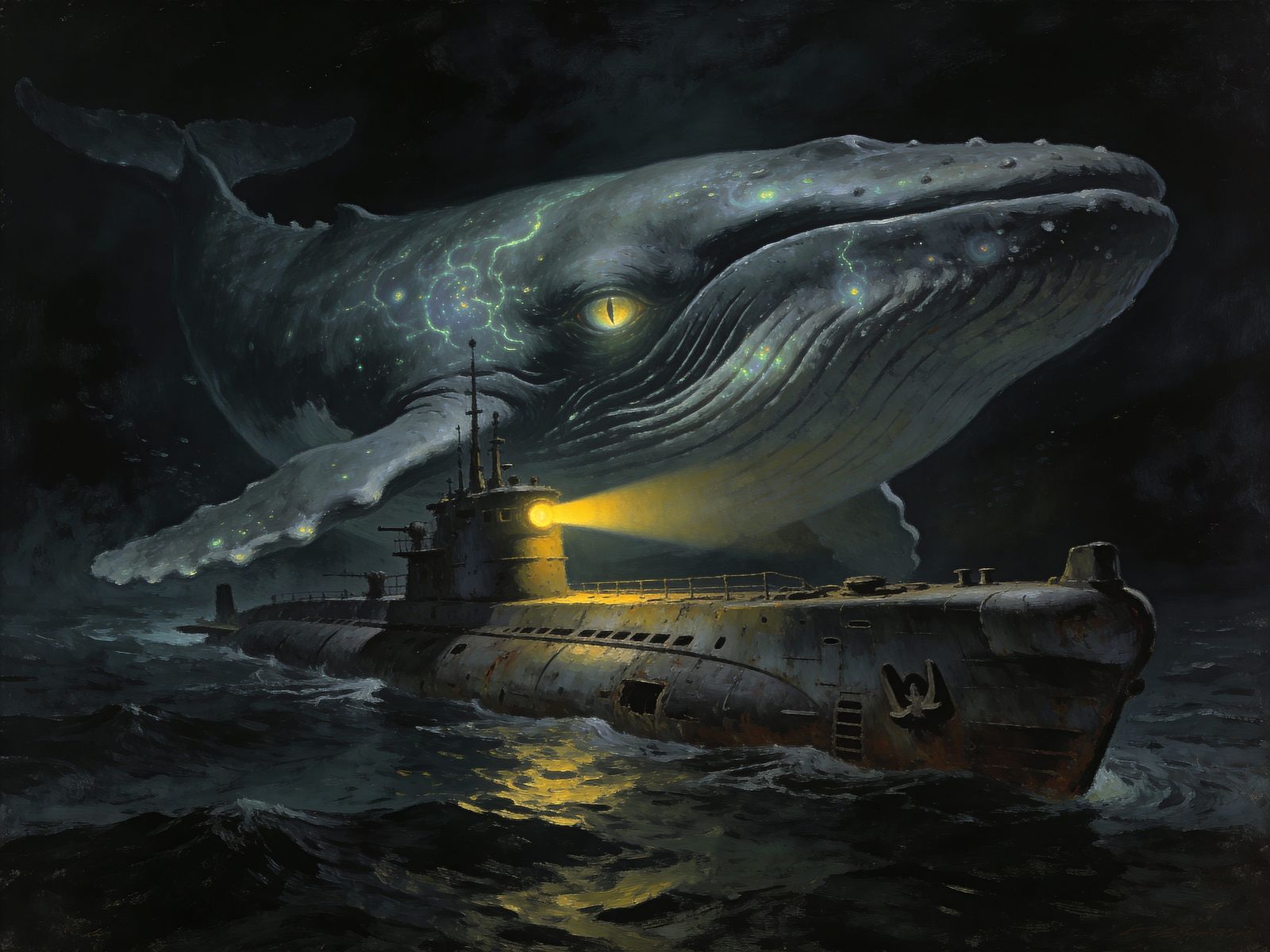 Colossal Whale and Submarine in Abyssal Depths