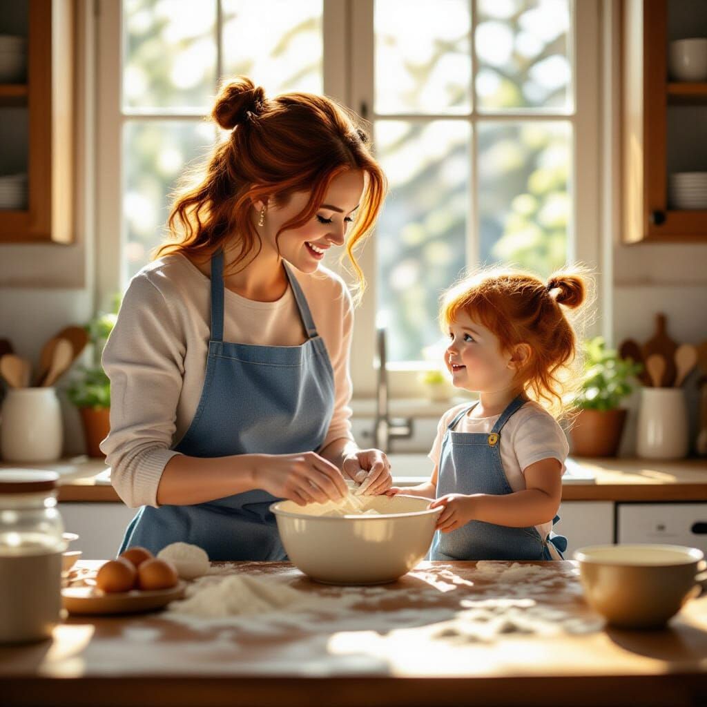 Mother and Daughter Baking in Sunlit Kitchen