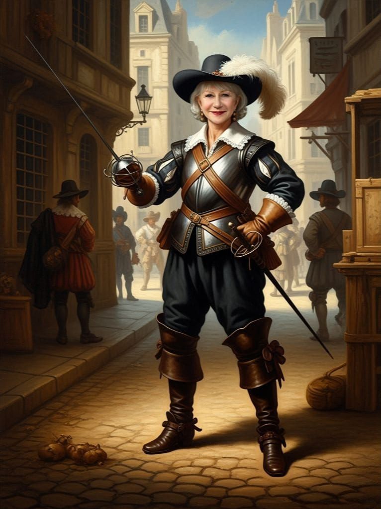 Helen Mirren as Musketeer: Rembrandt-Style Oil Painting