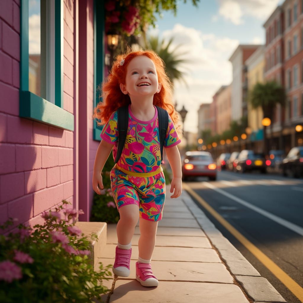 Smiling Redhead on a Sunny City Street