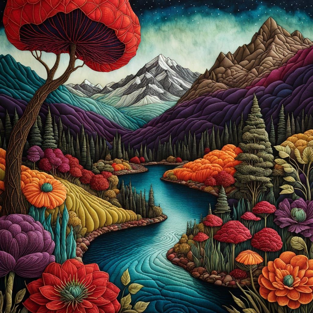 Fantasy Quilted Landscape with Marinara Sauce Lakes