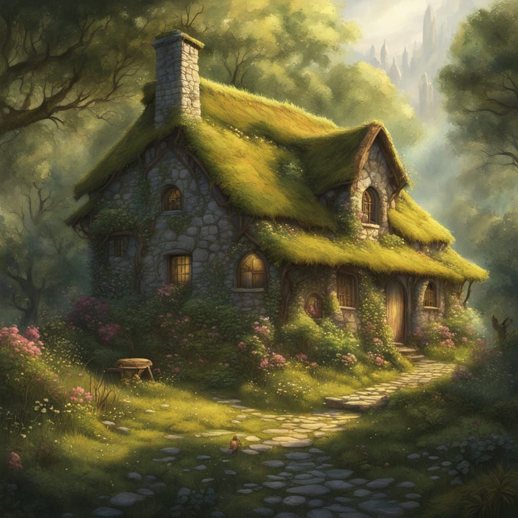 Enchanted Cottage in Secret Garden Digital Matte Painting
