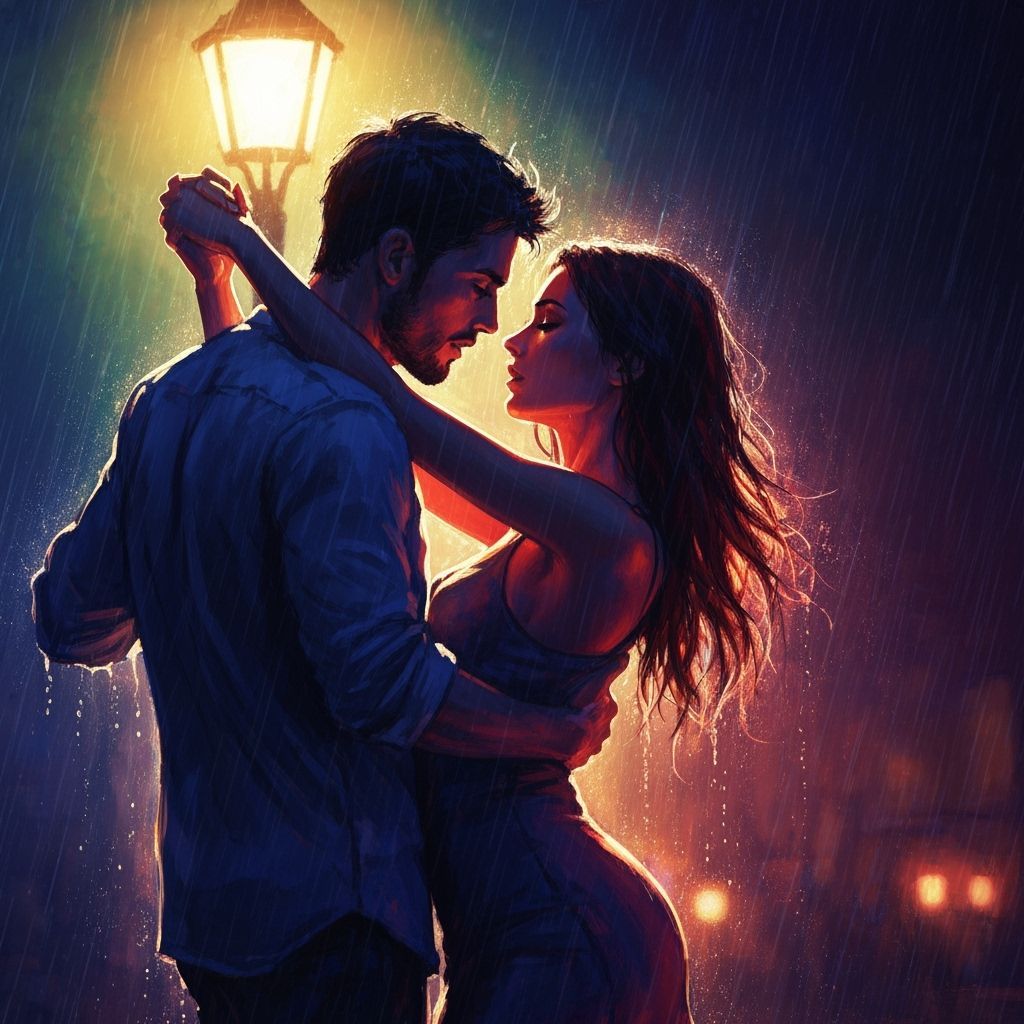 Passionate Couple Dancing in Rain, Cinematic Concept Art