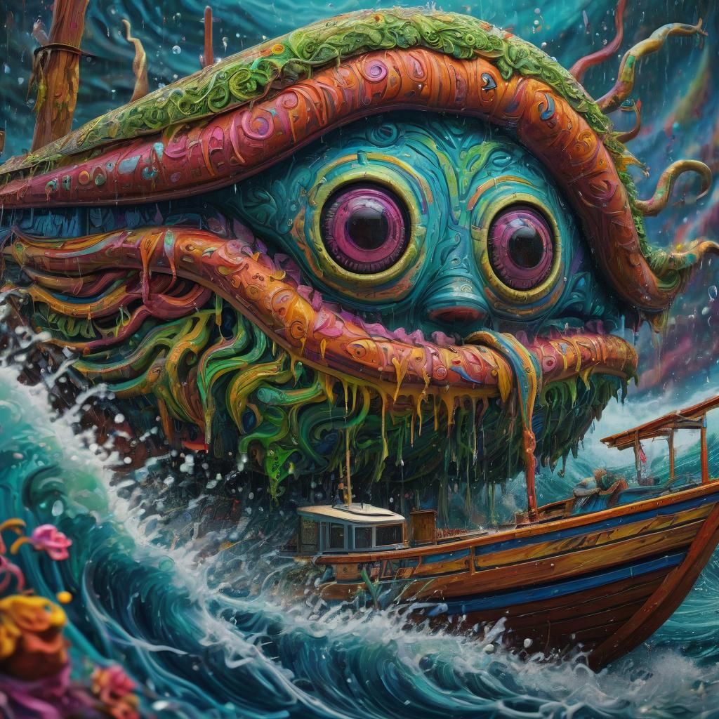 Psychedelic Boat on Ocean Waves in 8K
