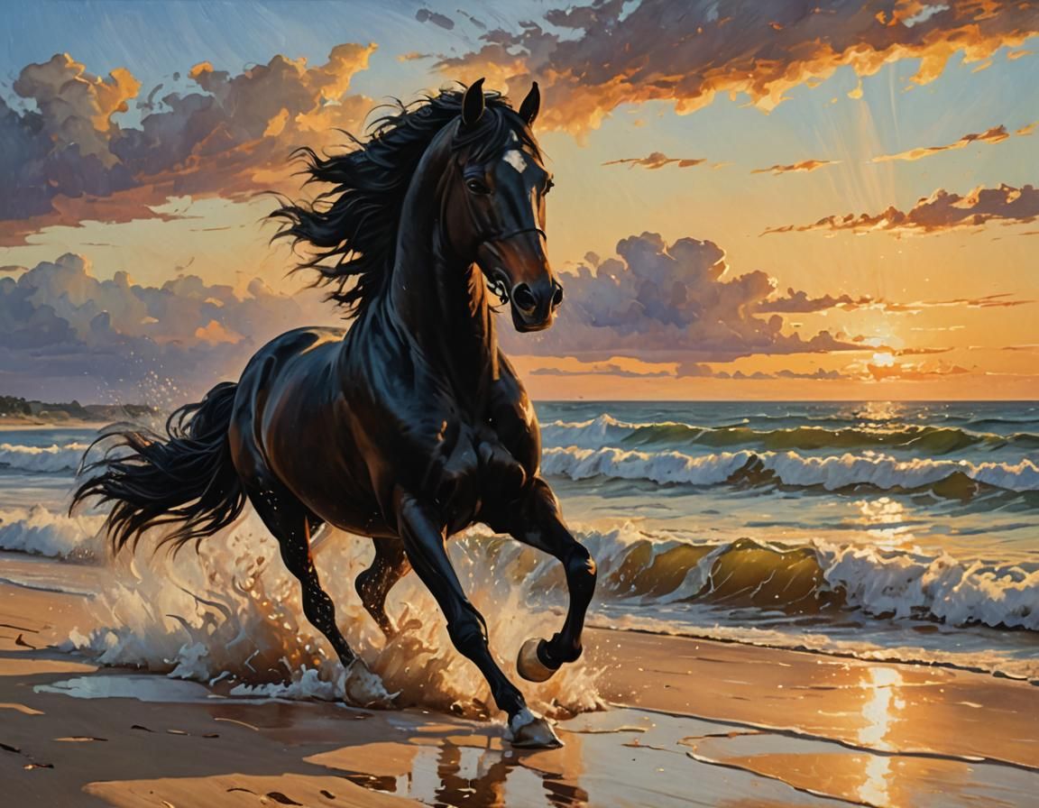 Black Horse Running on Beach in Oil Painting Style