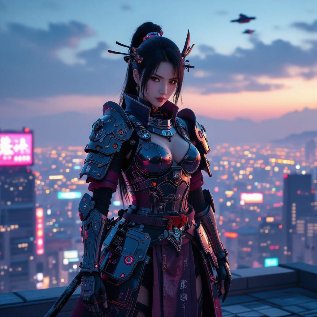 Cybernetic Samurai Princess in Neon Metropolis