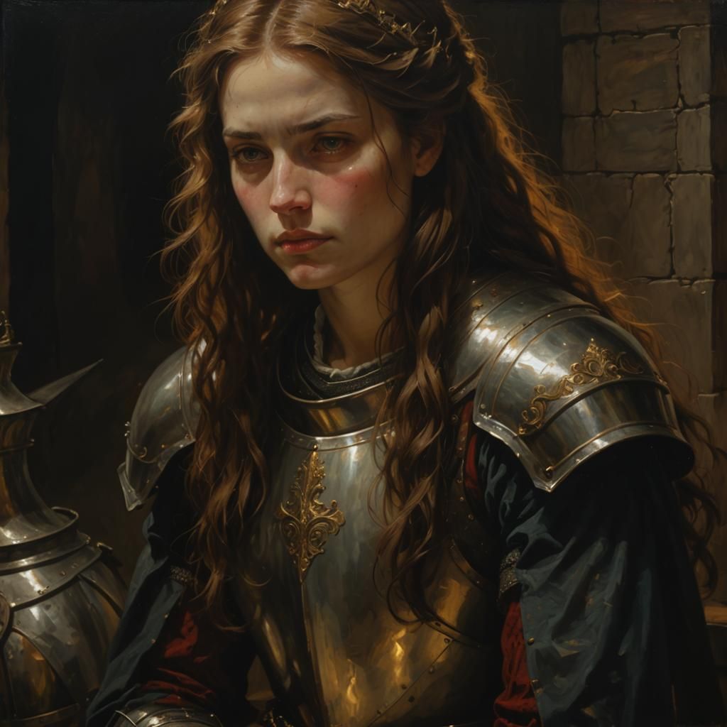 Renaissance Knight Woman Contemplates in Darkness