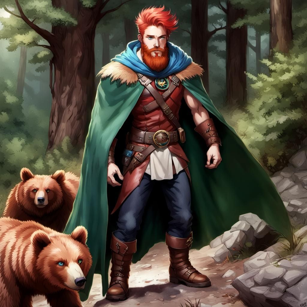 Fantasy Ranger with Bear Pet and Green Cape