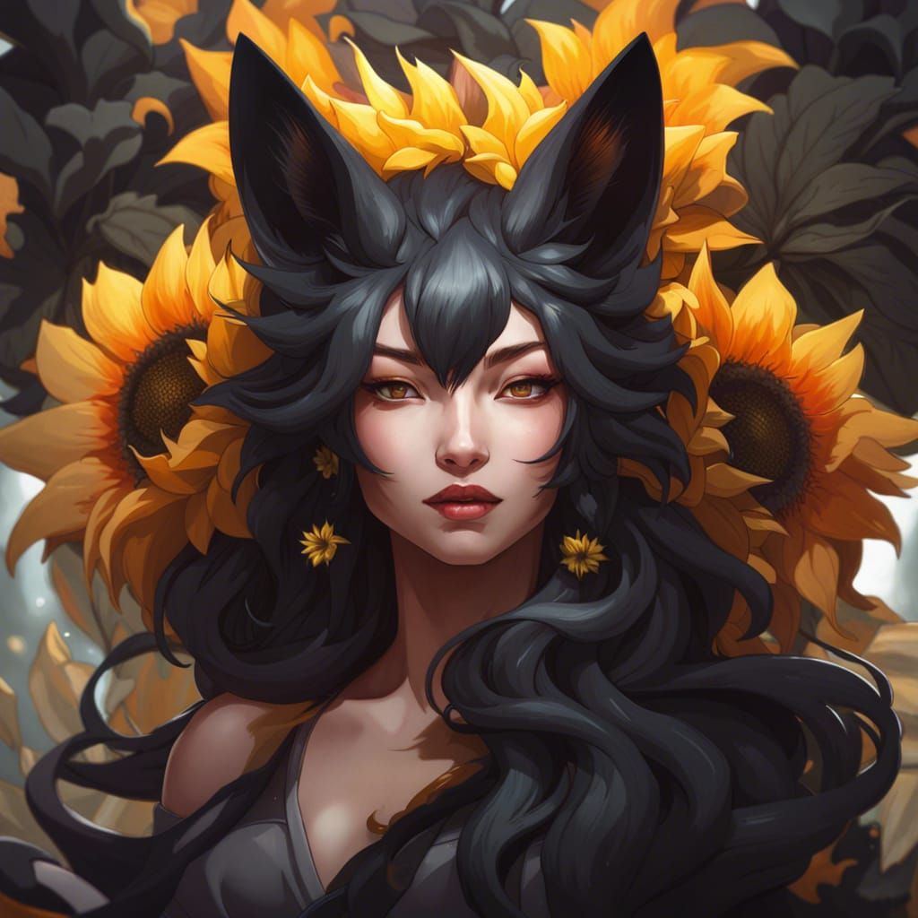 Black Sunflower Kitsune Portrait in Hyperdetailed Style