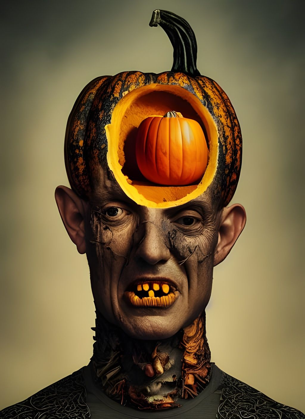 Sinister Pumpkin Head Portrait in Surreal Horror Style