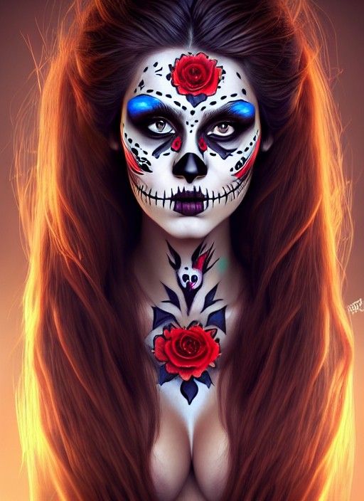 Woman with Calavera Face Paint, Hyperdetailed Matte Painting