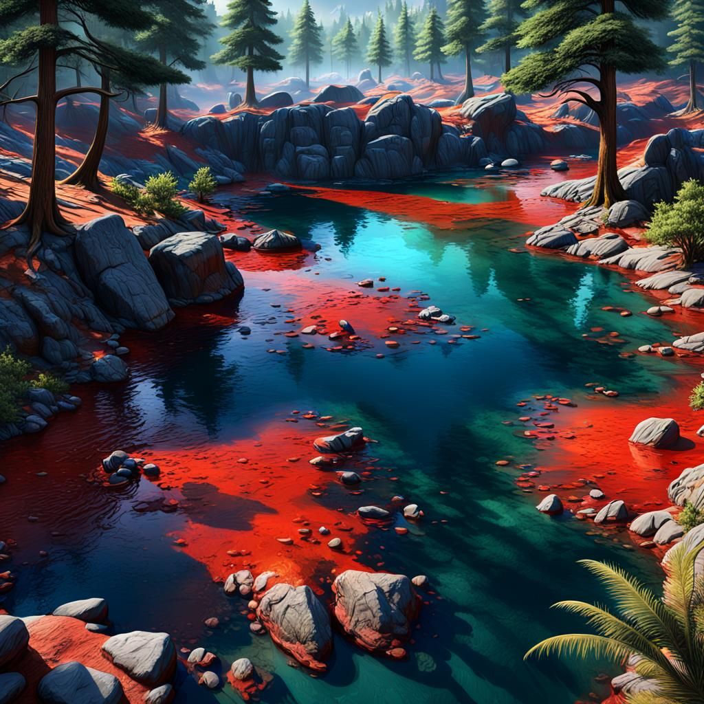Dinosaur Landscape with Red Water in Fantasy Concept Art