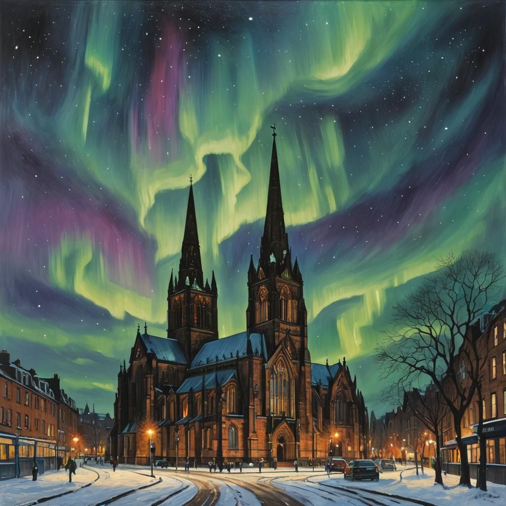 Glasgow Cathedral Under Northern Lights, Oil Painting