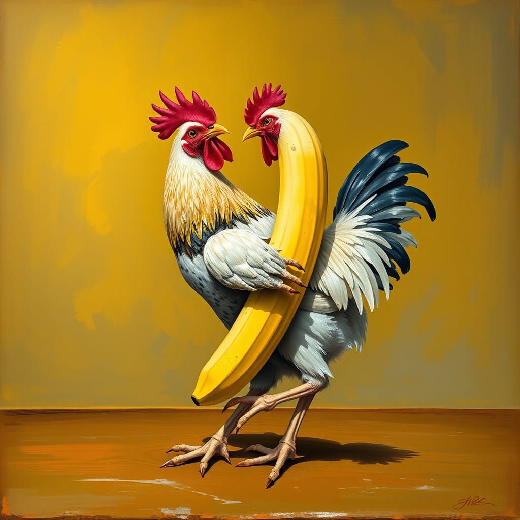 Surreal Whimsy: Chicken and Banana in a Golden Dance