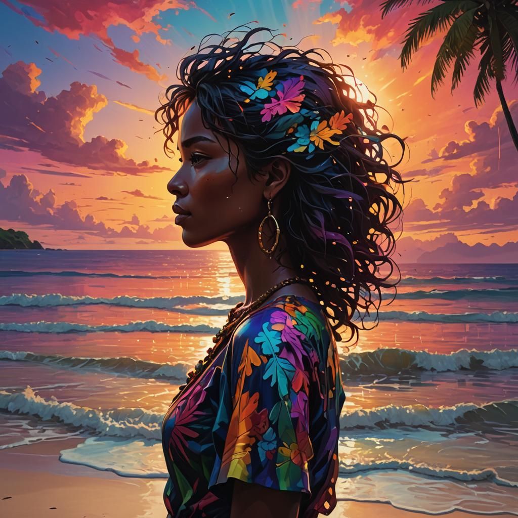 Tropical Beach Sunset with Woman Silhouette