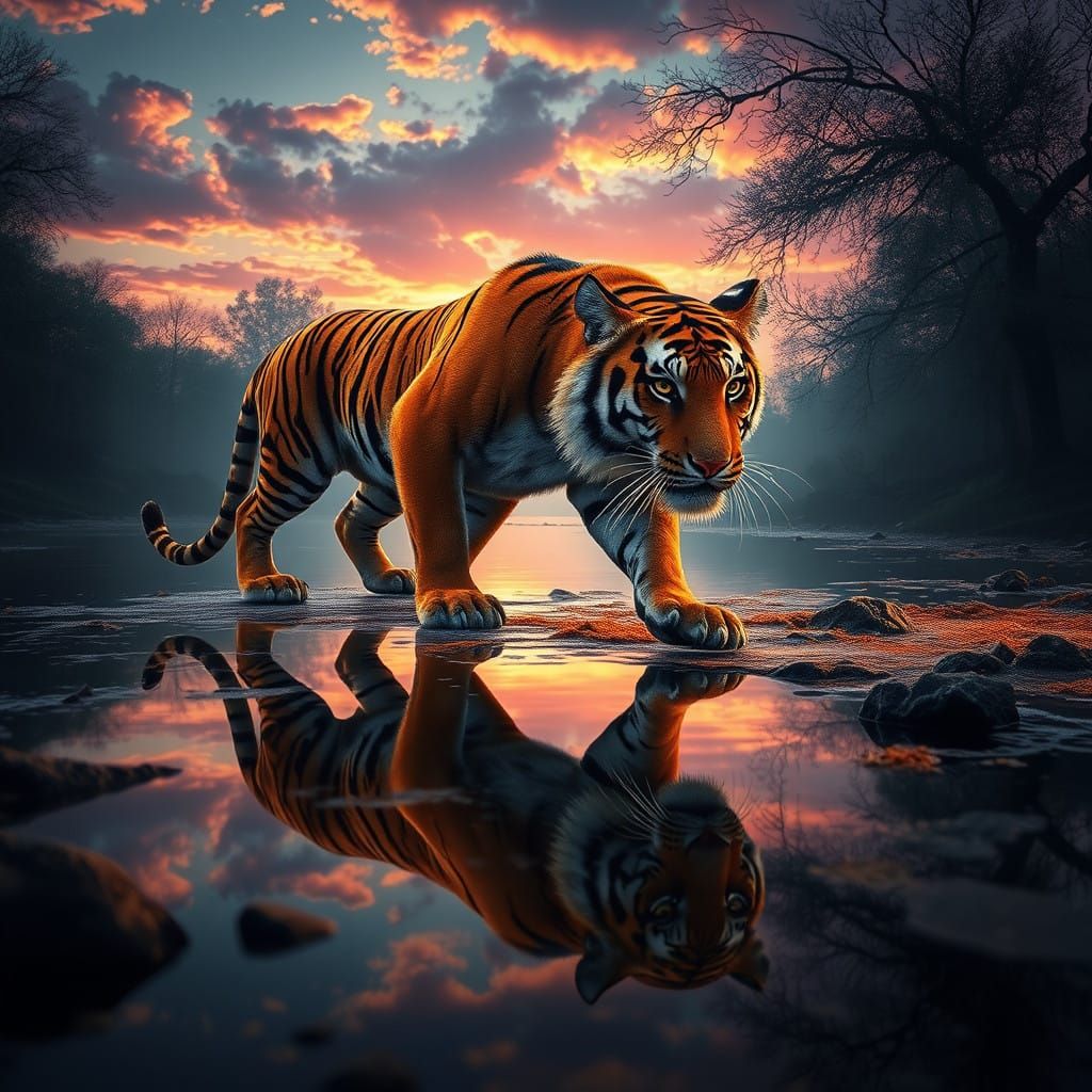 Majestic Tiger in Sunset Reflections, Fantasy Concept Art