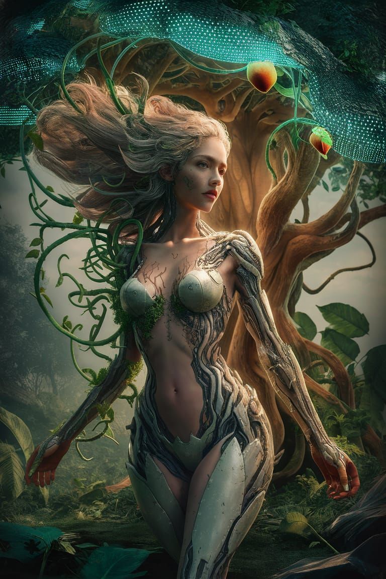 Futuristic Cyber-Organic Woman in Harmony with Nature