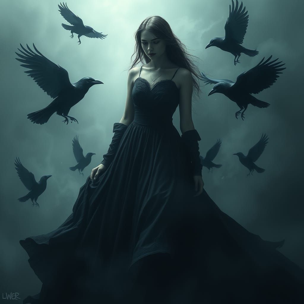 Mysterious Woman and Crows: Dark Fantasy Art