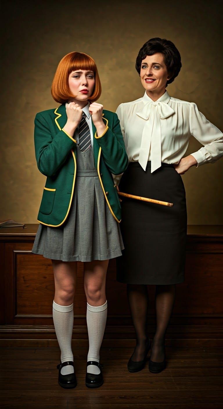 Refined Young Woman Confronted by Authority in 1960s School....