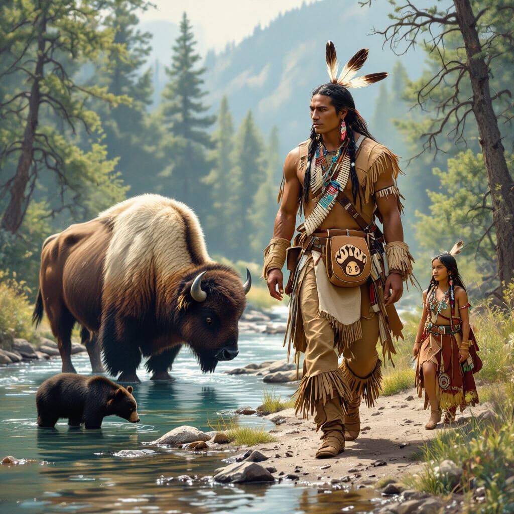 Native American Warrior and White Buffalo by Stream