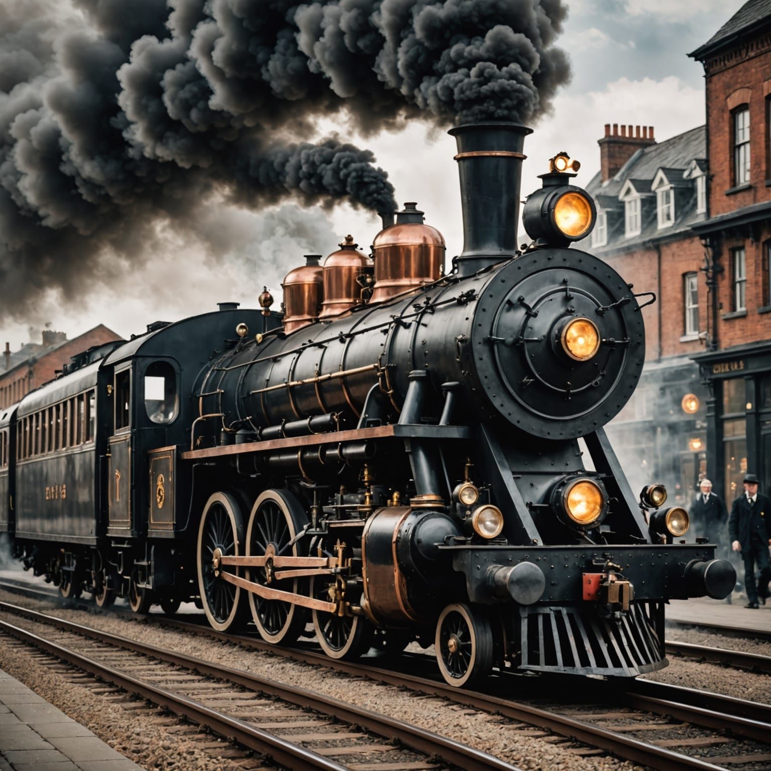 Vintage Steampunk Steam Train Zooms Through Modern City