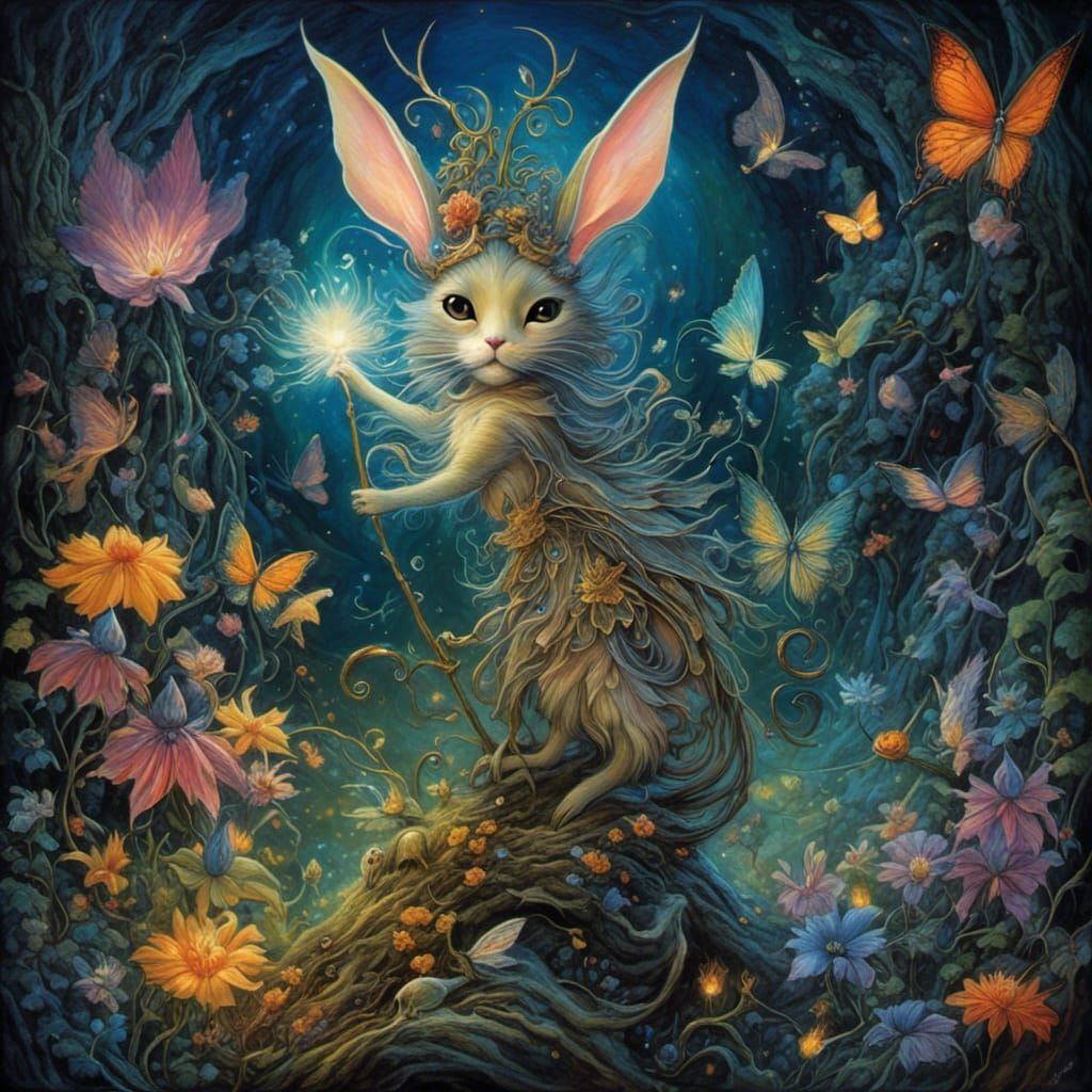 <lora:Bright Chroma:1.0> Flower fey, fairy of the dawn , cat like fairy rabbit fey creatures, protectors seen in garde...