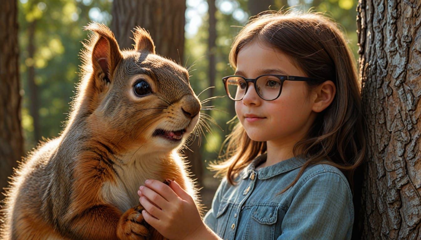 Girl and Squirrel in Forest: Photorealistic 3D Render