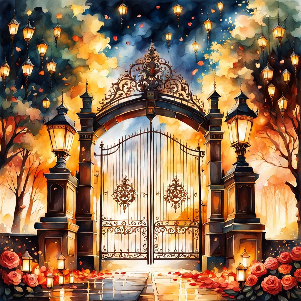 Romantic Castle Gate Illustration in Watercolor Style