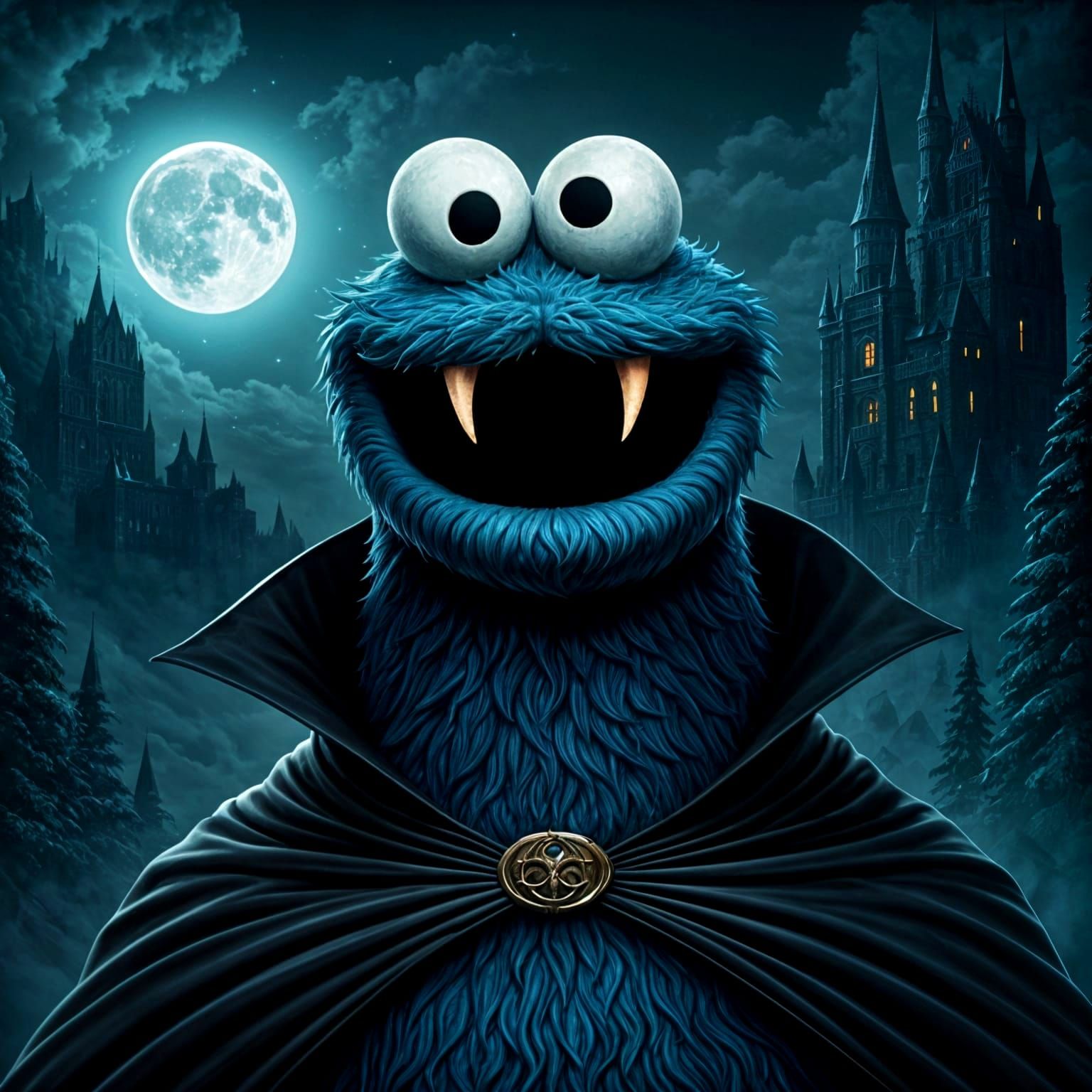 Epic Cookie Monster Vampire in a Dark Medieval Castle