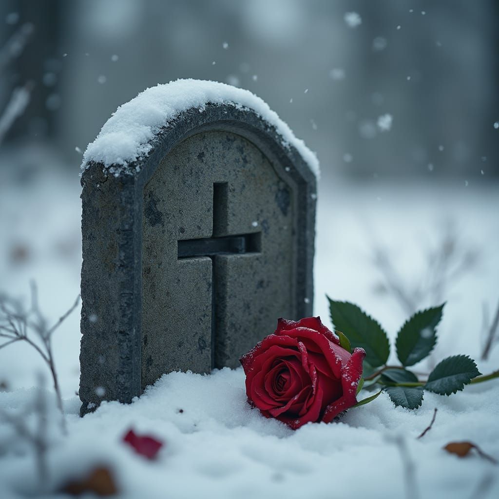 Sad Rose by Grave in Snowy Sorrowful Scene