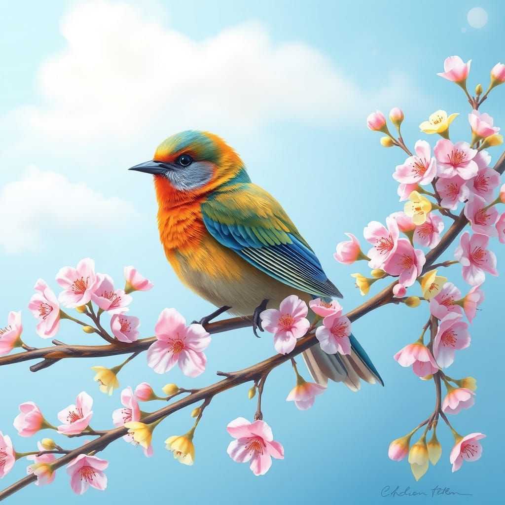 Whimsical Bird Perched on Blooming Branch in Pastel Rainbow ...