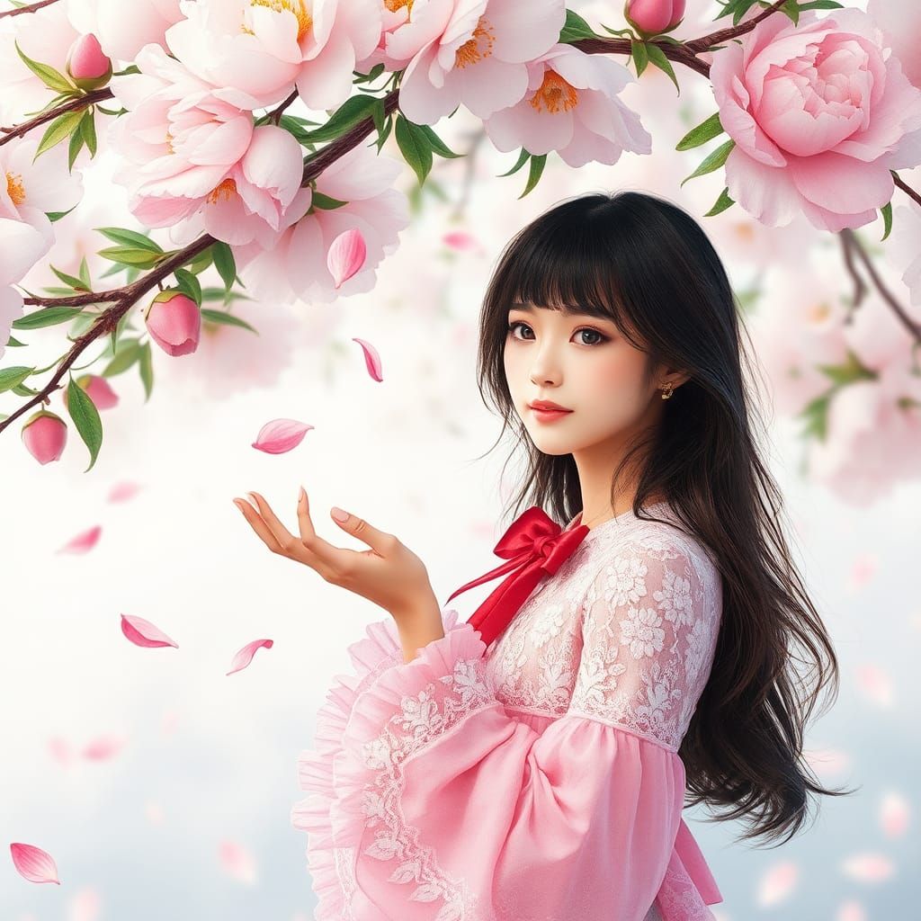 Woman Under Peony Tree in Watercolor Style