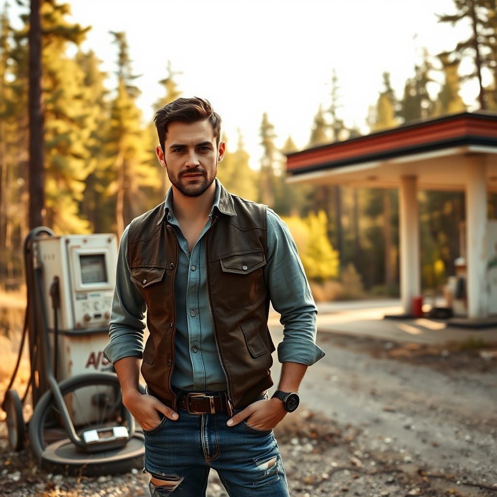 Gritty Fashion: Man at Abandoned Filling Station